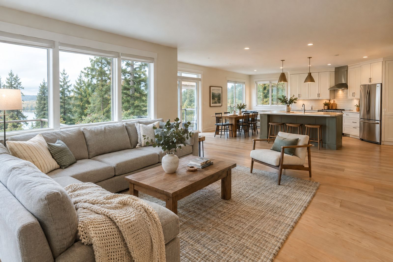 Bright, tidy Pacific Northwest living room after cleaning