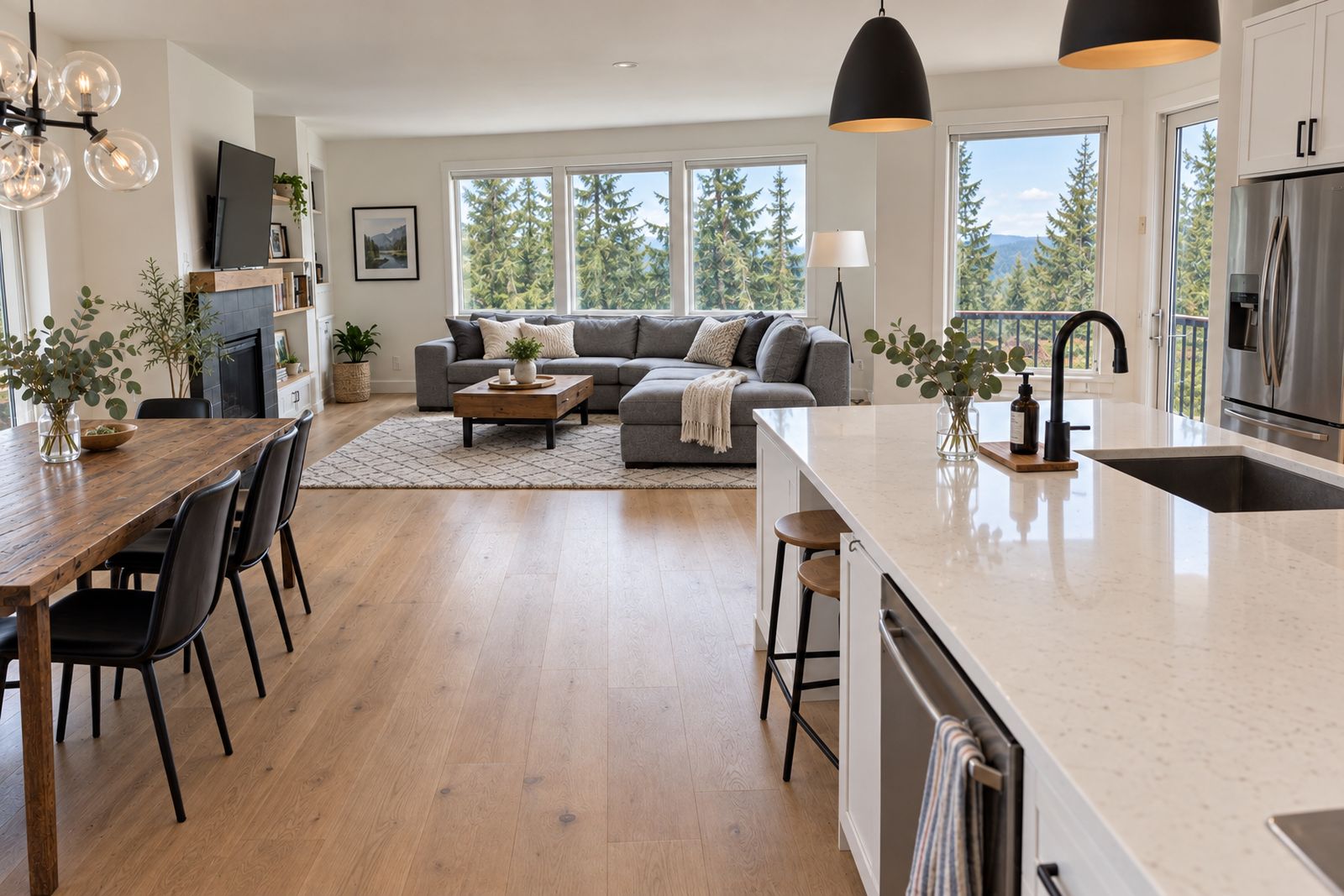 Illustrated living room and kitchen after cleaning: tidy, bright and calm