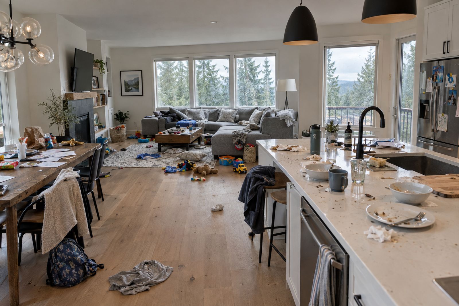 Illustrated open-plan living room and kitchen before cleaning